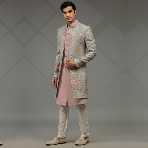 Charm Pink Indowestern with Floral Embroidered Jacket for Men