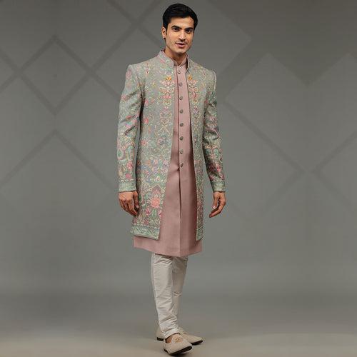 Charm Pink Indowestern with Floral Embroidered Jacket for Men