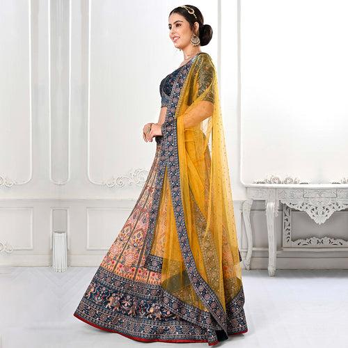 Turqoise and Yellow Embroidered Lehenga Set