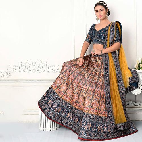 Turqoise and Yellow Embroidered Lehenga Set