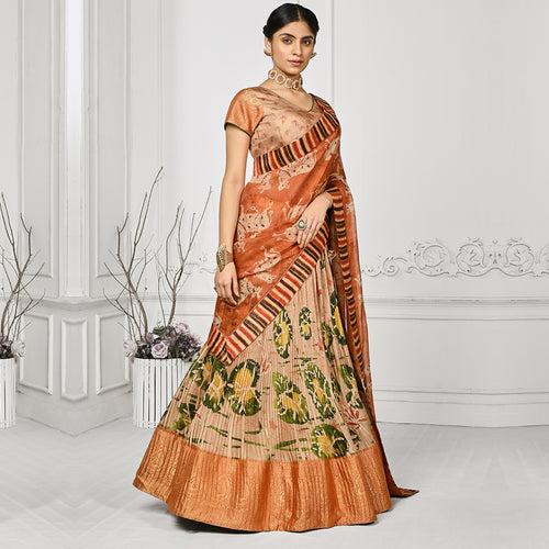 Orange and Wheat Tone Banarsi Lehenga Set