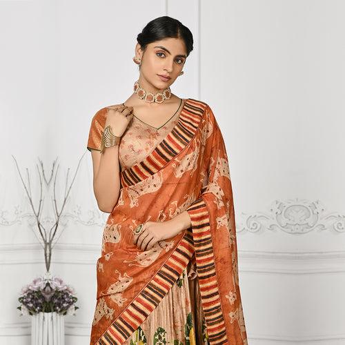 Orange and Wheat Tone Banarsi Lehenga Set