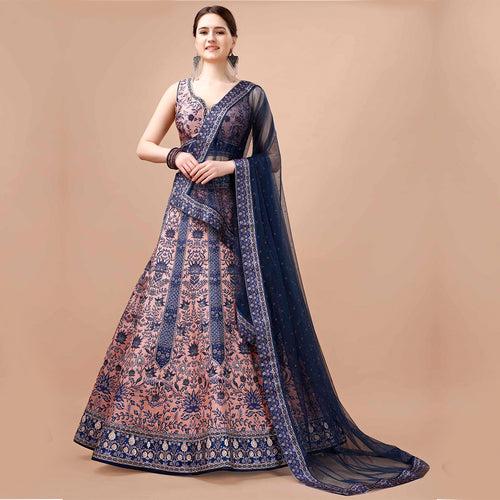 Navy Blue and Peach Embroidered Lehenga Set