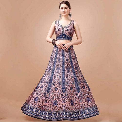 Navy Blue and Peach Embroidered Lehenga Set