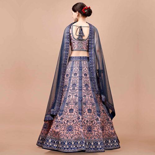 Navy Blue and Peach Embroidered Lehenga Set