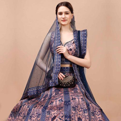 Navy Blue and Peach Embroidered Lehenga Set