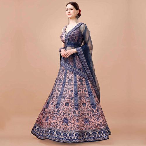 Navy Blue and Peach Embroidered Lehenga Set