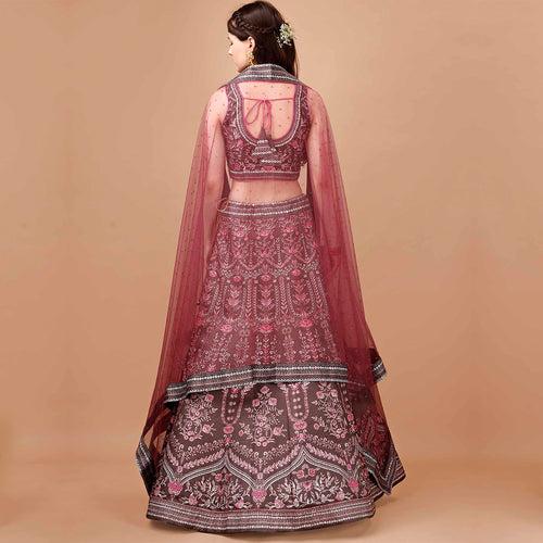 Brown and Hot Pink Brocade Lehenga with Maroon Dupatta