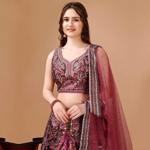 Brown and Hot Pink Brocade Lehenga with Maroon Dupatta