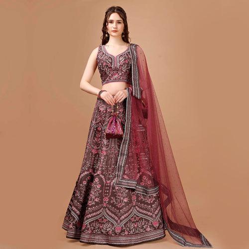 Brown and Hot Pink Brocade Lehenga with Maroon Dupatta