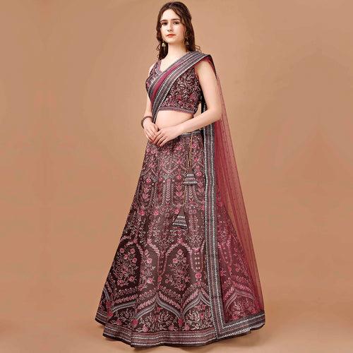 Brown and Hot Pink Brocade Lehenga with Maroon Dupatta