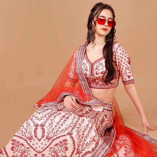 Pearl White and Red Lehenga Set