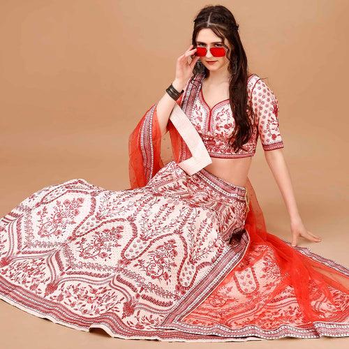 Pearl White and Red Lehenga Set