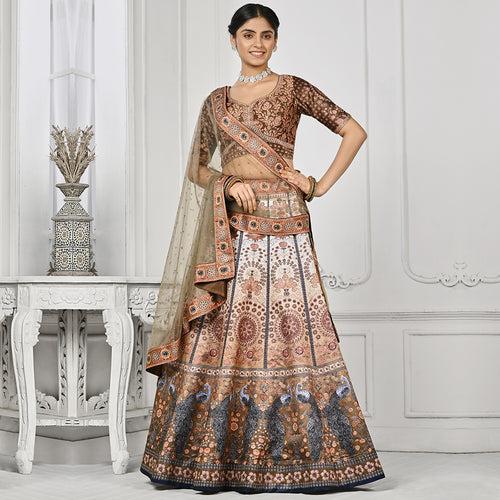 Caramel And Cream Peacock Printed Lehenga Set