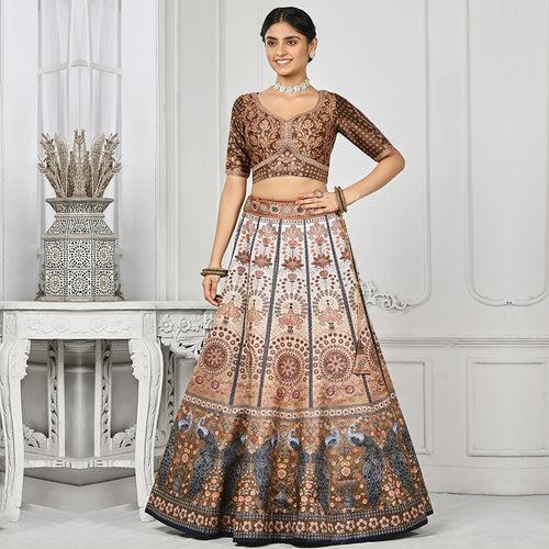 Caramel And Cream Peacock Printed Lehenga Set