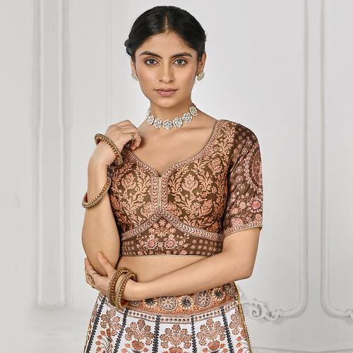 Caramel And Cream Peacock Printed Lehenga Set