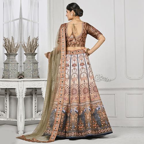 Caramel And Cream Peacock Printed Lehenga Set