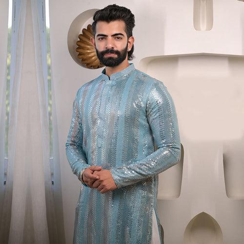 Heavy Sequined Work Blue and Silver Kurta