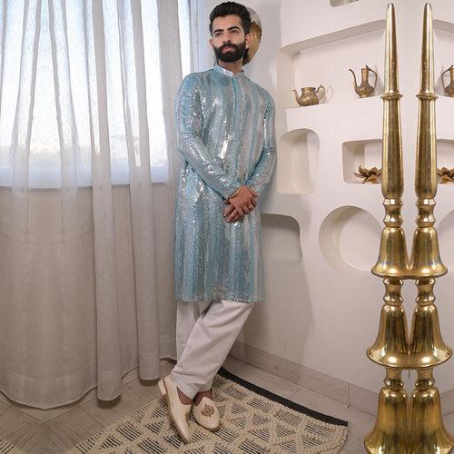 Heavy Sequined Work Blue and Silver Kurta