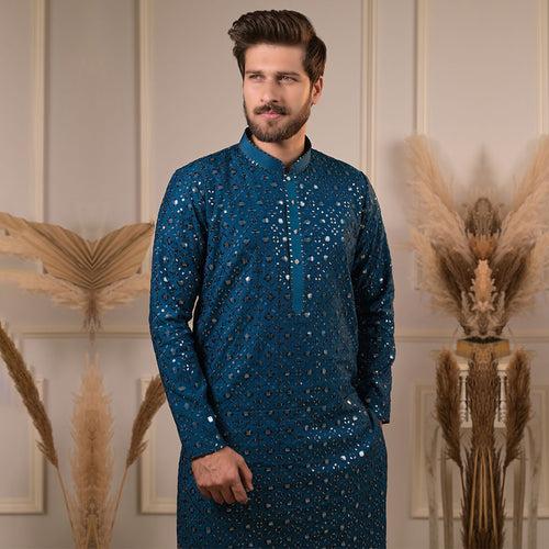 Peacock Blue Embroidery and Mirror Work Kurta