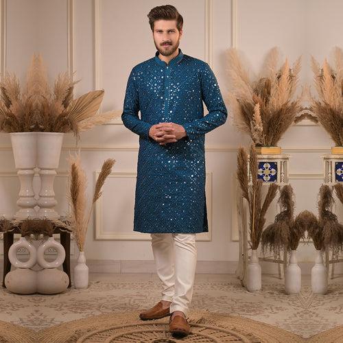 Peacock Blue Embroidery and Mirror Work Kurta