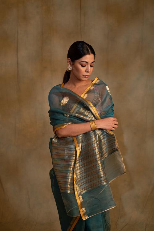 Ugadi- Teal Silk Banarasi Saree