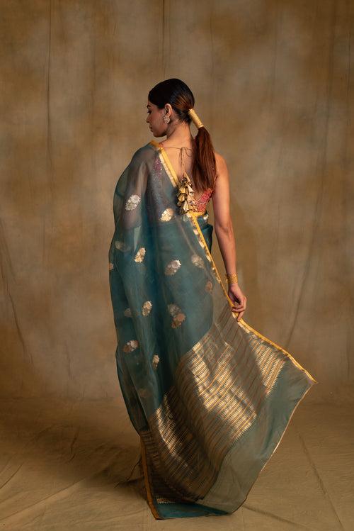 Ugadi- Teal Silk Banarasi Saree