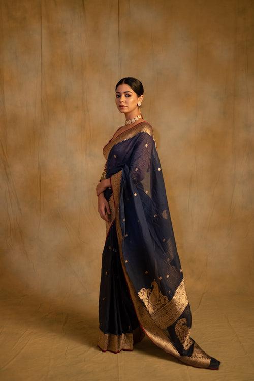 Sankranti- Navy Blue Cotton Banarasi Saree