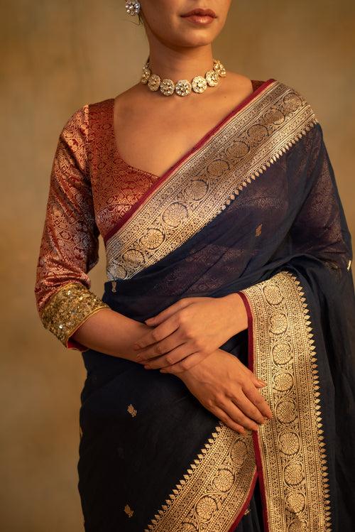 Sankranti- Navy Blue Cotton Banarasi Saree