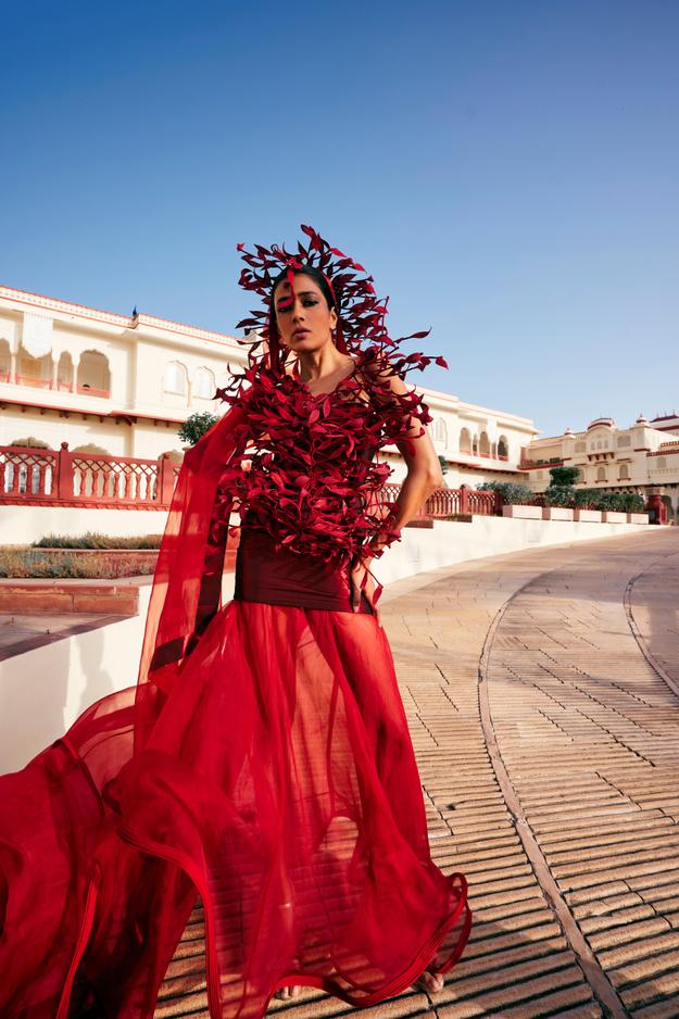 Floating Red Ribbed Dress and Skirt