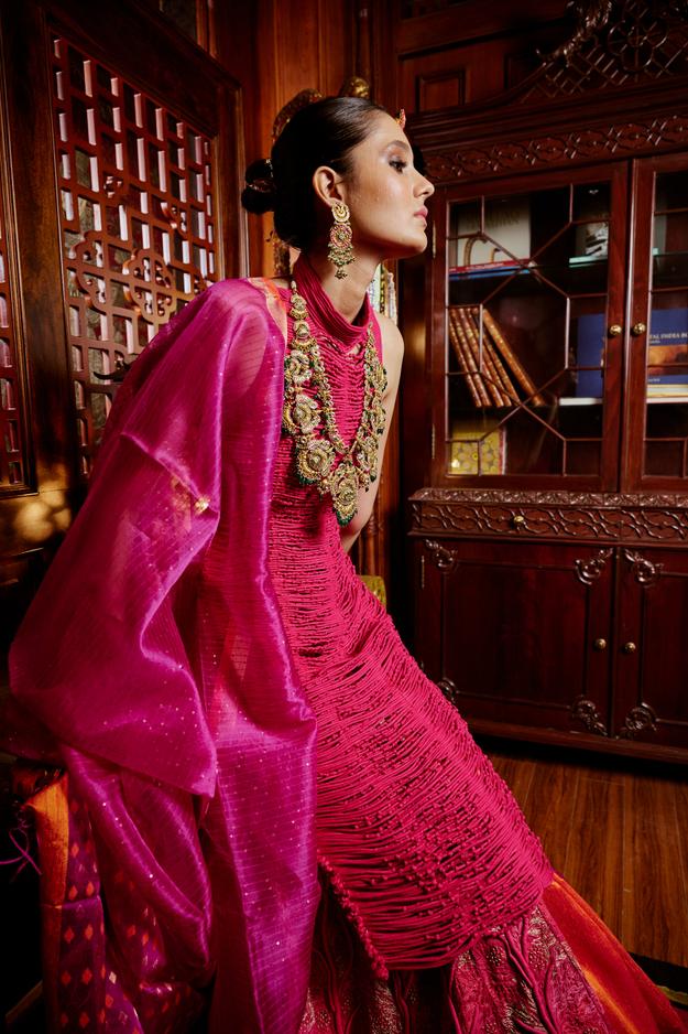 Coral Lehenga with Corded Blouse