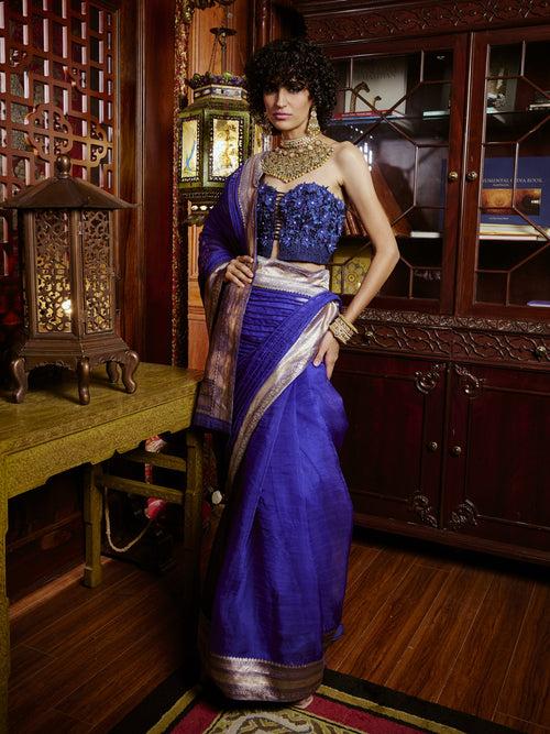 Cobalt Blue Corded Banarasi Saree