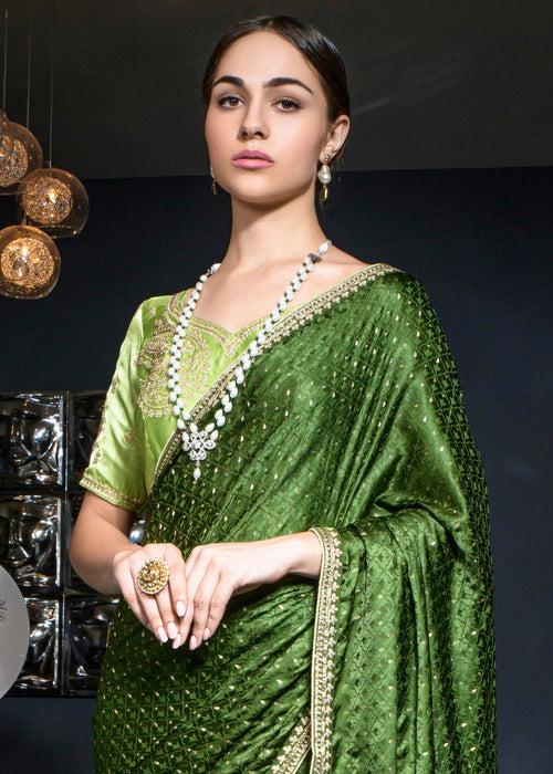 Cadmium Green Embroidered Viscose Satin Saree