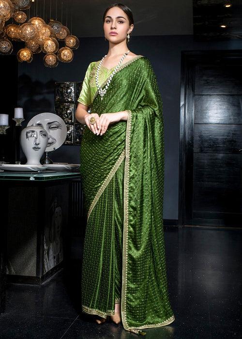 Cadmium Green Embroidered Viscose Satin Saree