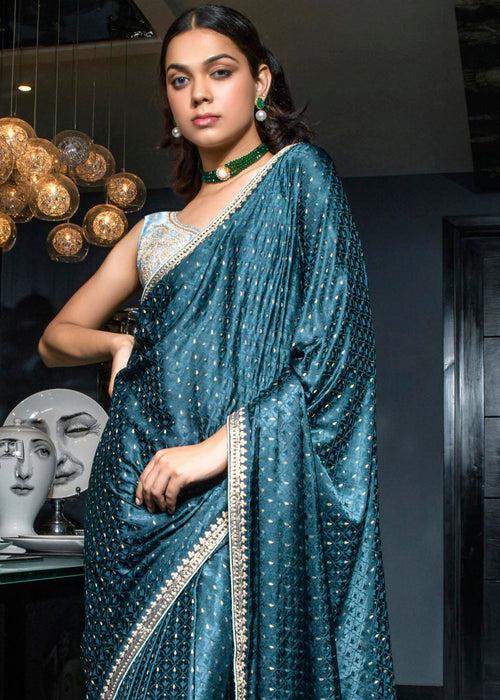 Celadon Blue Embroidered Viscose Satin Saree