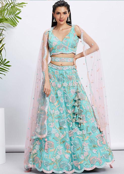 Turquoise Blue Net Lehenga Choli with Sequins & Thread Embroidery work