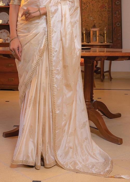 Cream White Embroidered Viscose Satin Saree