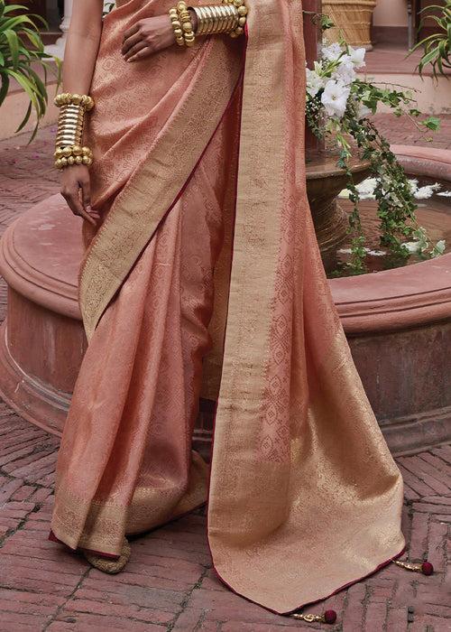 Light Peach Pink Woven Viscose Tissue Saree