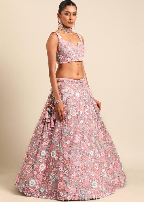 Sweet Pink Net Lehenga Choli with Sequins & Zarkan Embroidery work