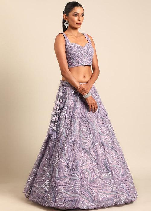 Shades Of Purple Net Lehenga Choli with Sequins & Zarkan Embroidery work