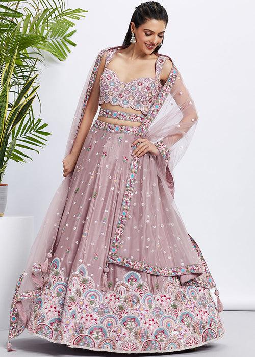 Rose Gold Chiffon Lehenga Choli with Sequins & Thread Embroidery work