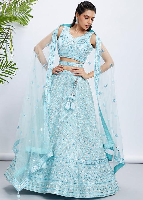 Baby Blue Net Lehenga Choli with Cut-Dana, Sequins & Zarkan Embroidery work