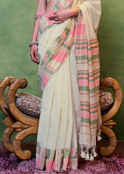 Parchment White Handwoven Cotton Silk Saree with Brocade Blouse