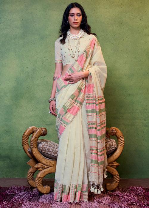 Parchment White Handwoven Cotton Silk Saree with Brocade Blouse