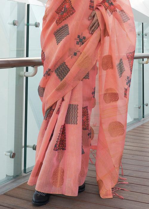 Vivid Pink Printed Handloom Zari Tissue Saree