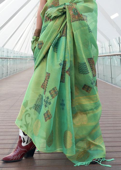 Shades Of Green Printed Handloom Zari Tissue Saree