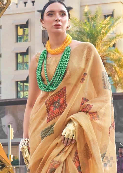 Beige Brown Printed Handloom Zari Tissue Saree