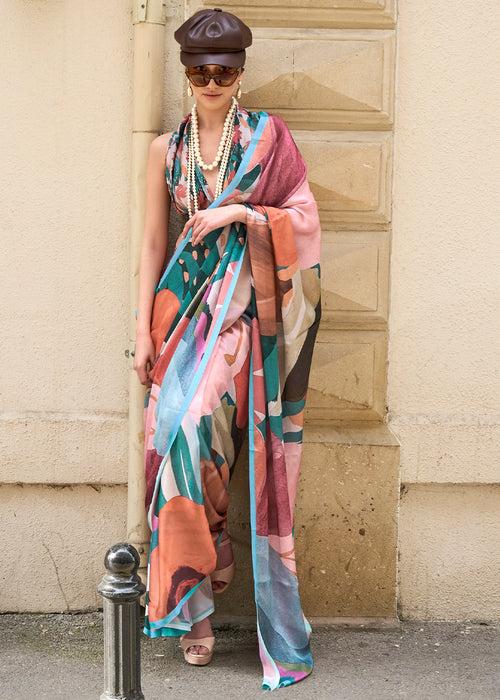 Multicolored Printed Satin Georgette Saree