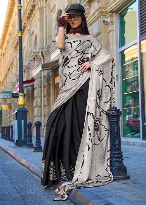 Lace White & Black Contemporary Printed Satin Crepe Saree : Top Pick