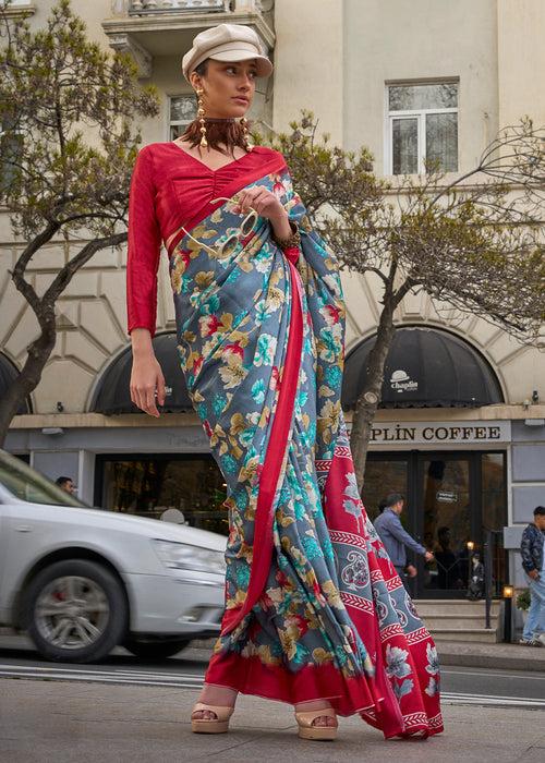 Grey & Red Contemporary Printed Satin Crepe Saree